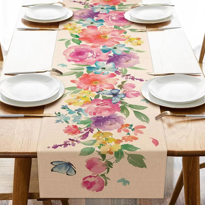 Spring Watercolor Butterfly Linen Table Runner Floral Dining Table Decor For Kitchen And Wedding 5
