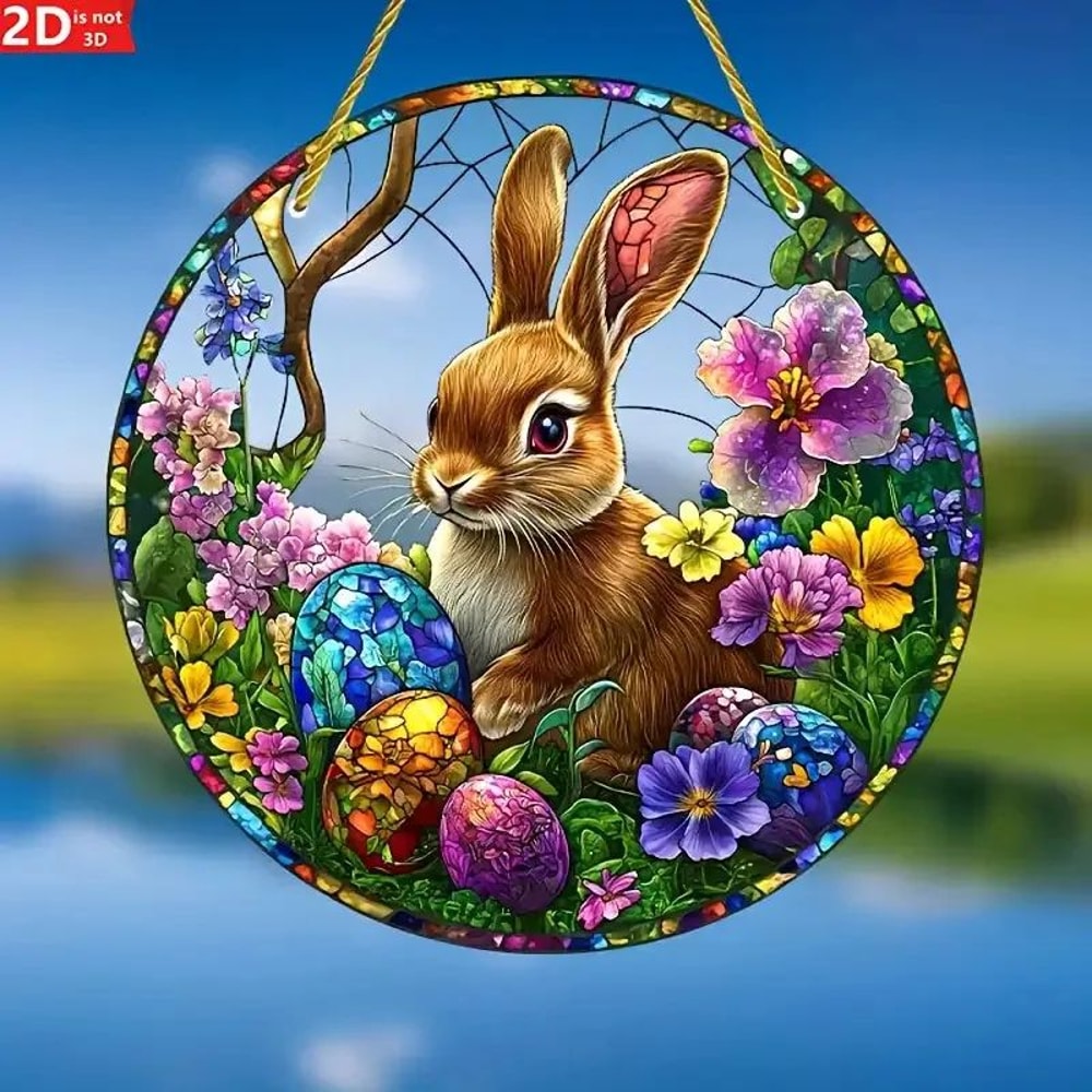 Acrylic Easter Bunny Window Hanging Suncatcher With Egg And Floral Design 4