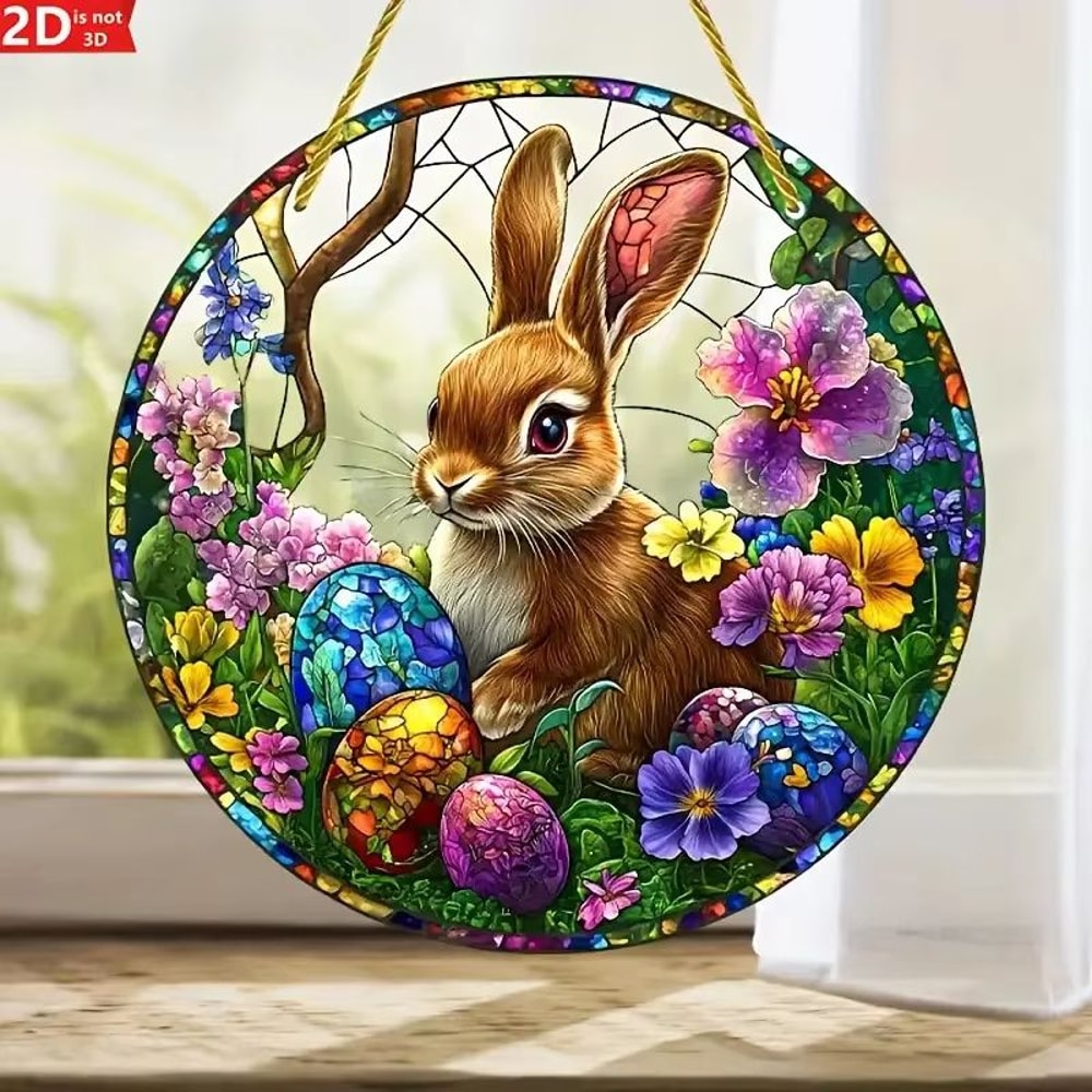Acrylic Easter Bunny Window Hanging Suncatcher With Egg And Floral Design 6