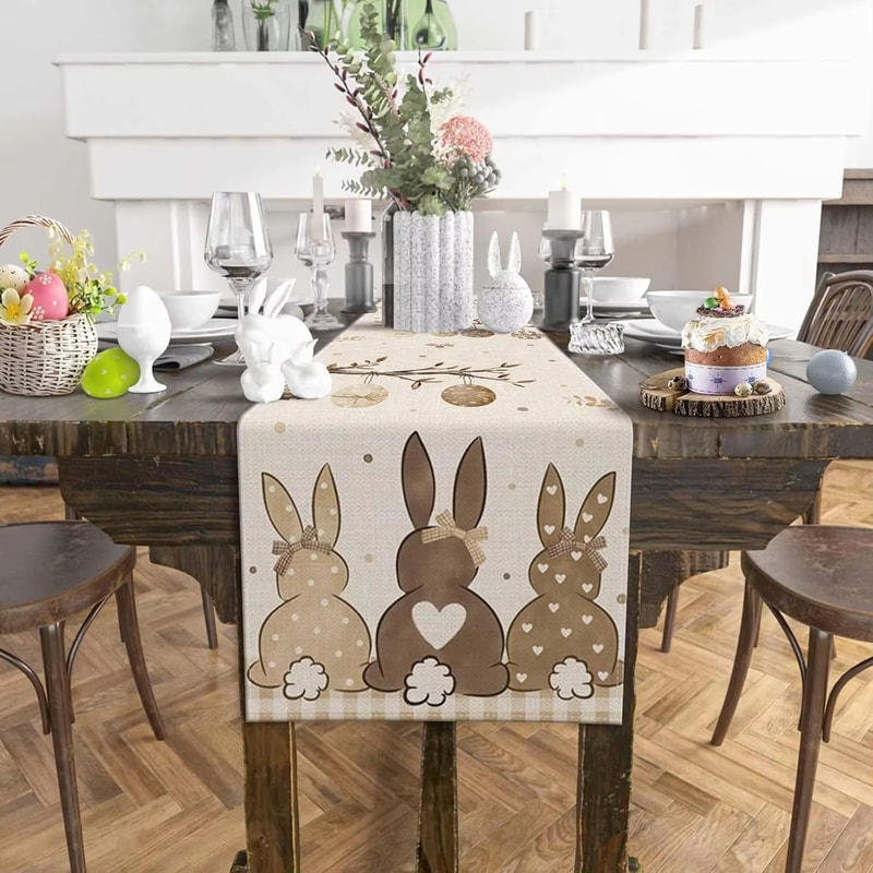 Rustic Easter Bunny Linen Table Runner With Egg Print Spring Decor 1