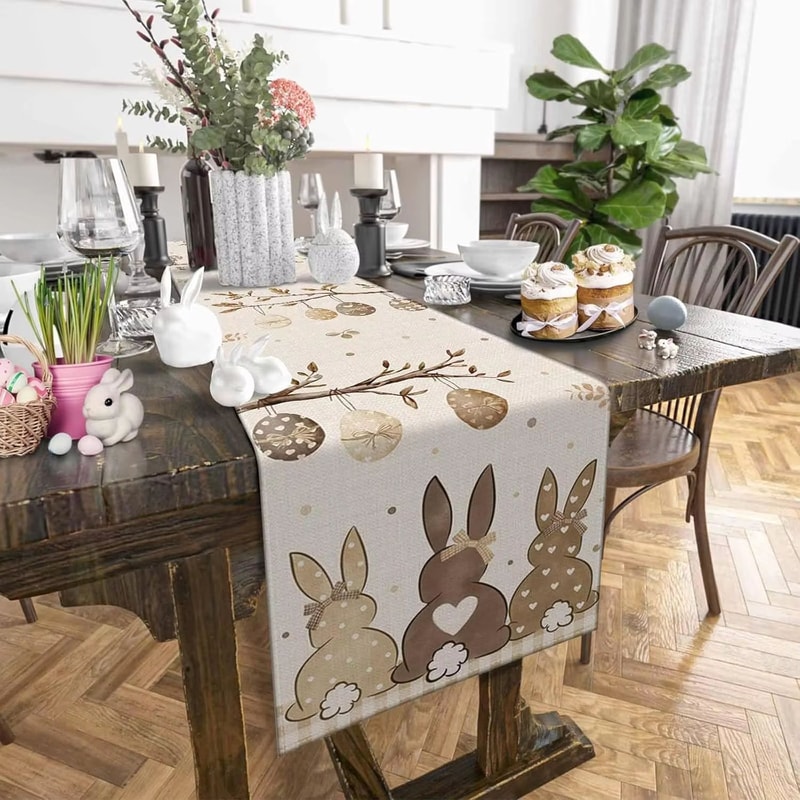 Rustic Easter Bunny Linen Table Runner With Egg Print Spring Decor 2
