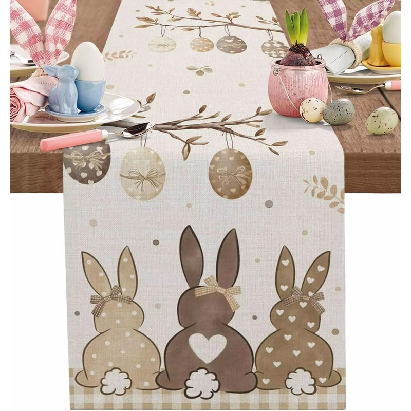 Rustic Easter Bunny Linen Table Runner With Egg Print Spring Decor 6