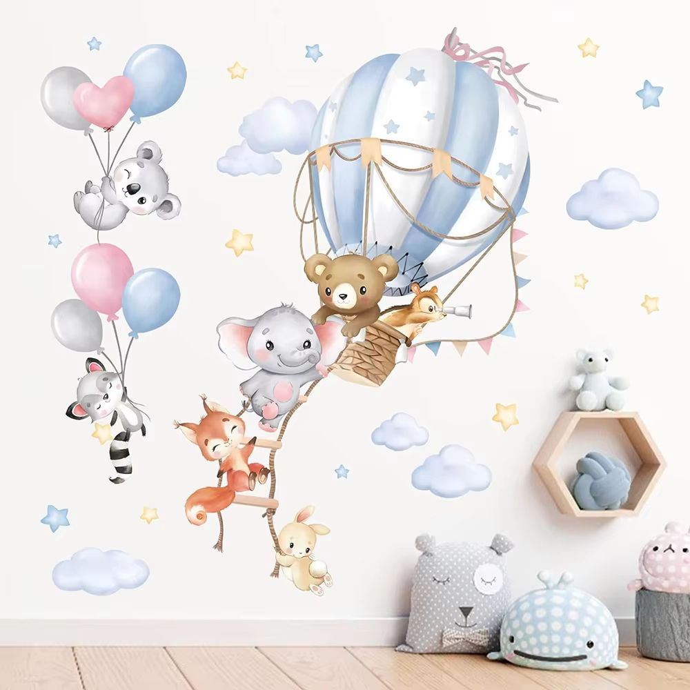 Hot Air Balloon Animal Wall Stickers Nursery Decor For Kids Bedroom Playroom 0