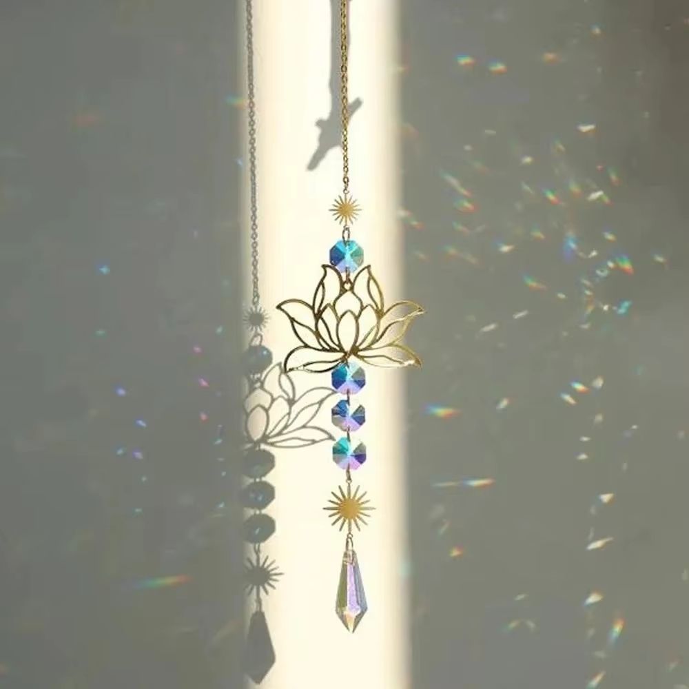 Metal Lotus Crystal Suncatcher Wind Chime Pendant Elegant Hanging Decor 3