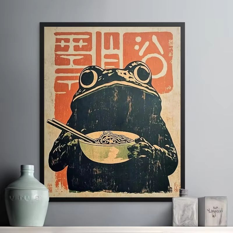 Retro Japanese Frog Ramen Canvas Wall Art Frameless Aesthetic Decor 1