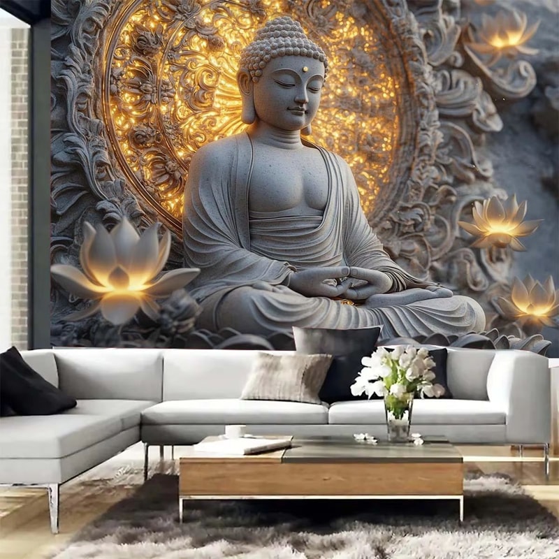 Zen Buddha Lotus Wall Tapestry Large Beige Spiritual Meditation Hanging 4