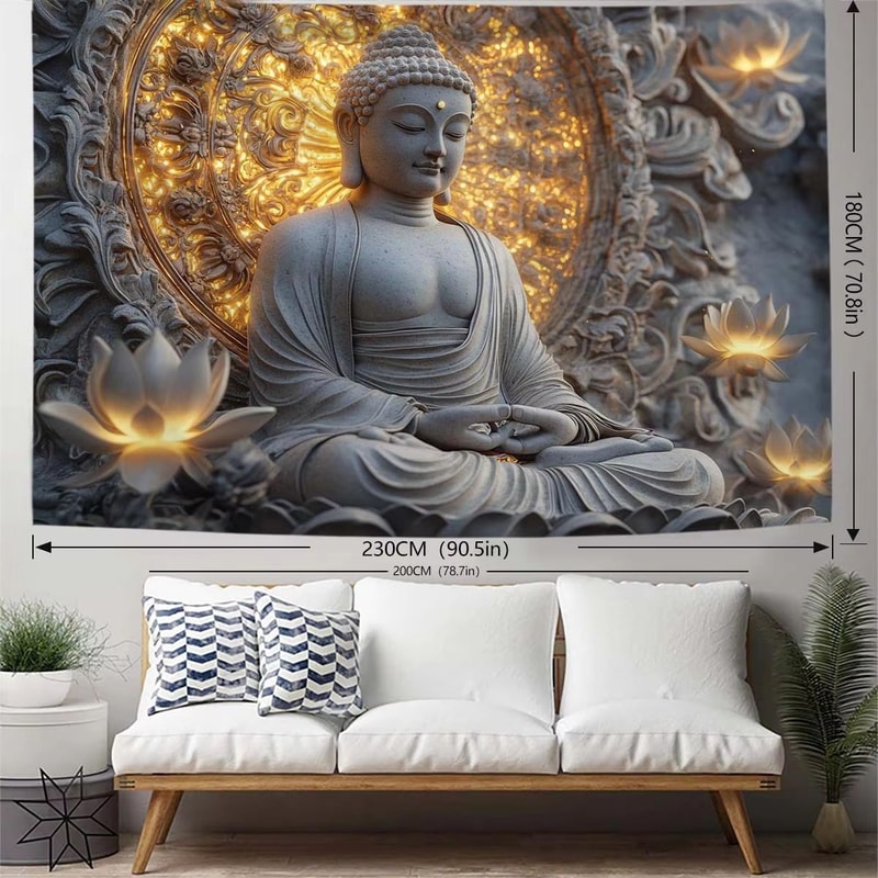 Zen Buddha Lotus Wall Tapestry Large Beige Spiritual Meditation Hanging 5