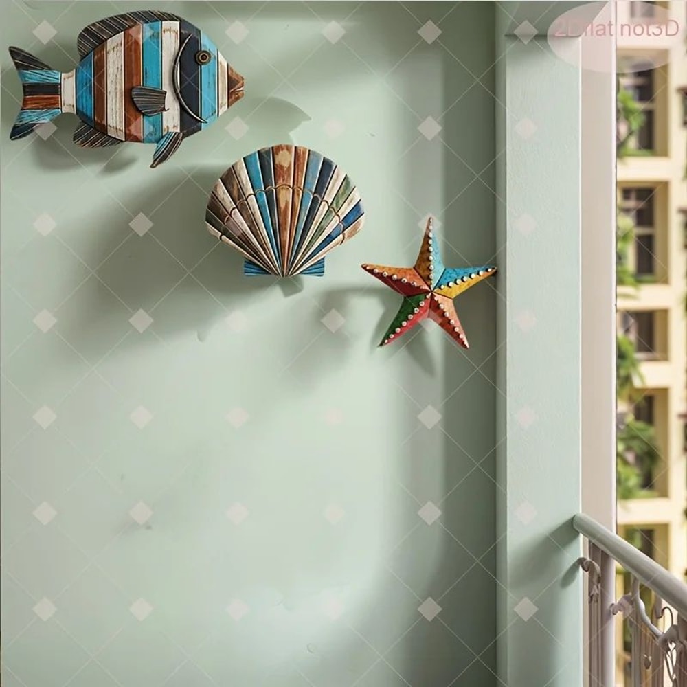 Coastal Ocean Wooden Decor Set Colorful Sea Fish Shell Starfish Farmhouse Wall Accent 3