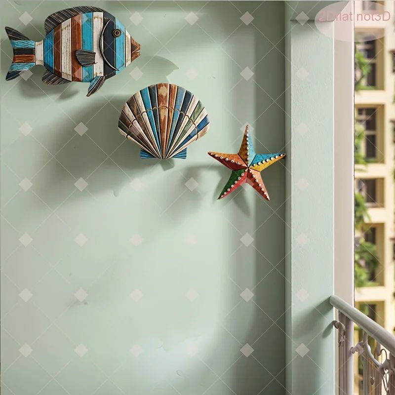 Coastal Ocean Wooden Decor Set Colorful Sea Fish Shell Starfish Farmhouse Wall Accent 3