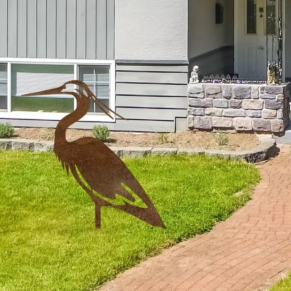 Rustic Metal Crane Garden Statue Weathered Heron Outdoor Yard Sculpture 3