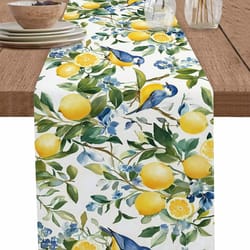 lemon tree blue bird linen table runner vintage coastal farmhouse dining decor