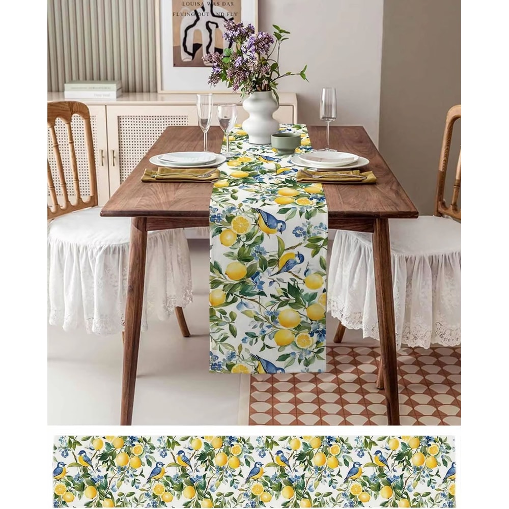Lemon Tree Blue Bird Linen Table Runner Vintage Coastal Farmhouse Dining Decor 1