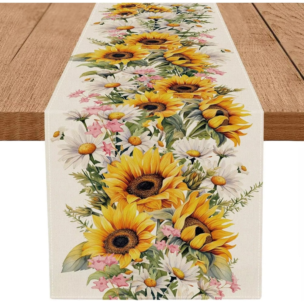 Sunflower Daisy Linen Table Runner Farmhouse Spring Summer Floral Dining Decor 5