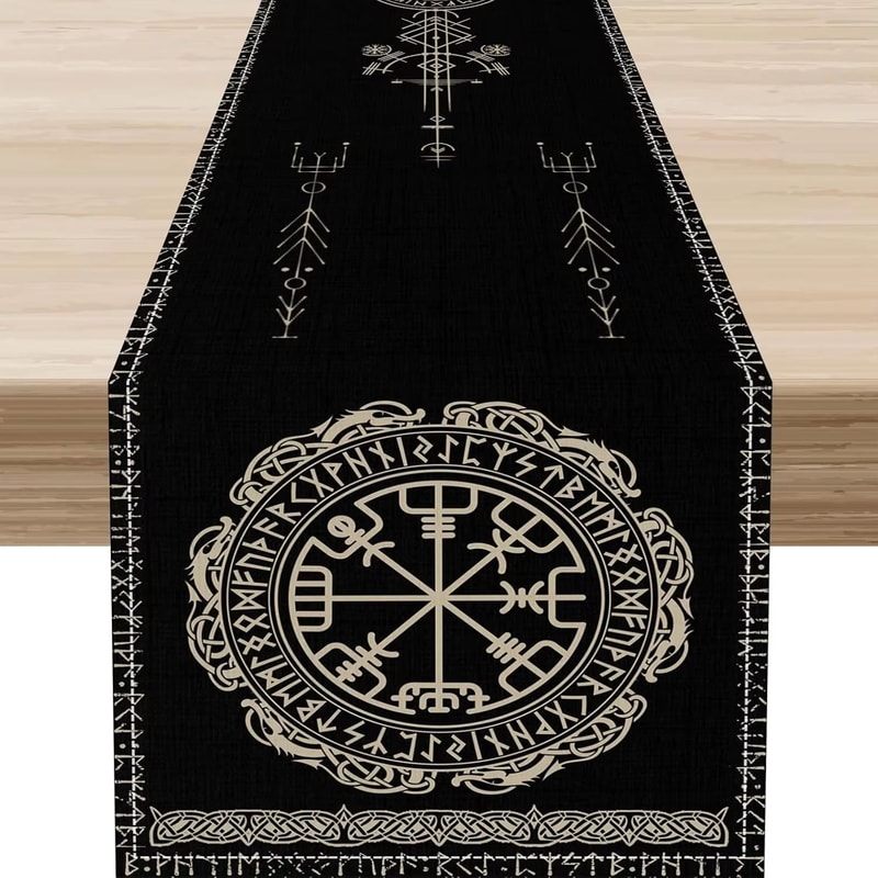 Norse Viking Raven Linen Table Runner With Tree Of Life Mythology Design 3