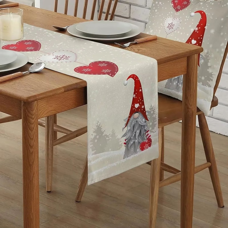 Christmas Gnome Linen Table Runner Snowflake Heart Holiday Farmhouse Dining Decor 1