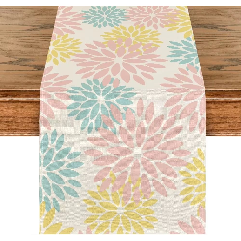 Blue Dahlia Floral Linen Table Runner Summer Spring Farmhouse Dining Decor 11