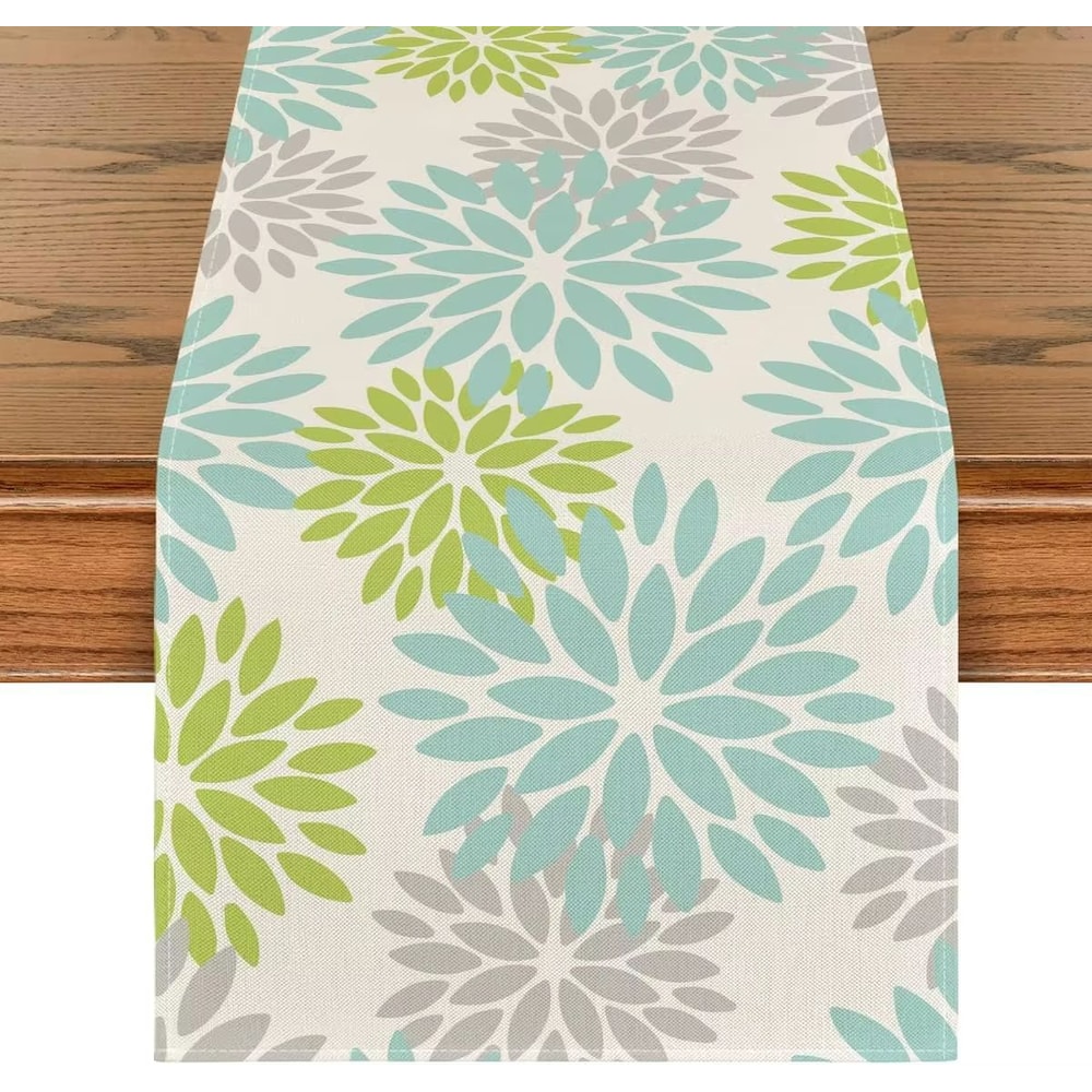 Blue Dahlia Floral Linen Table Runner Summer Spring Farmhouse Dining Decor 4