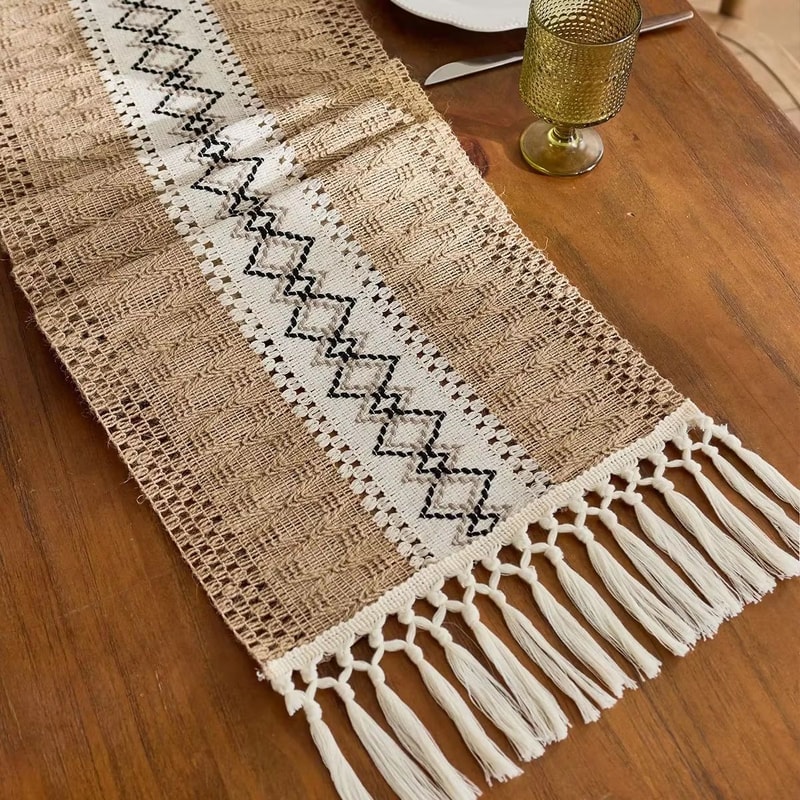 Boho Macrame Burlap Table Runner With Tassels Rustic Farmhouse Table Decor 6