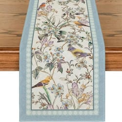 blue birds floral linen table runner blossom pattern dining and wedding decor
