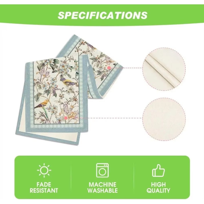 Blue Birds Floral Linen Table Runner Blossom Pattern Dining And Wedding Decor 5