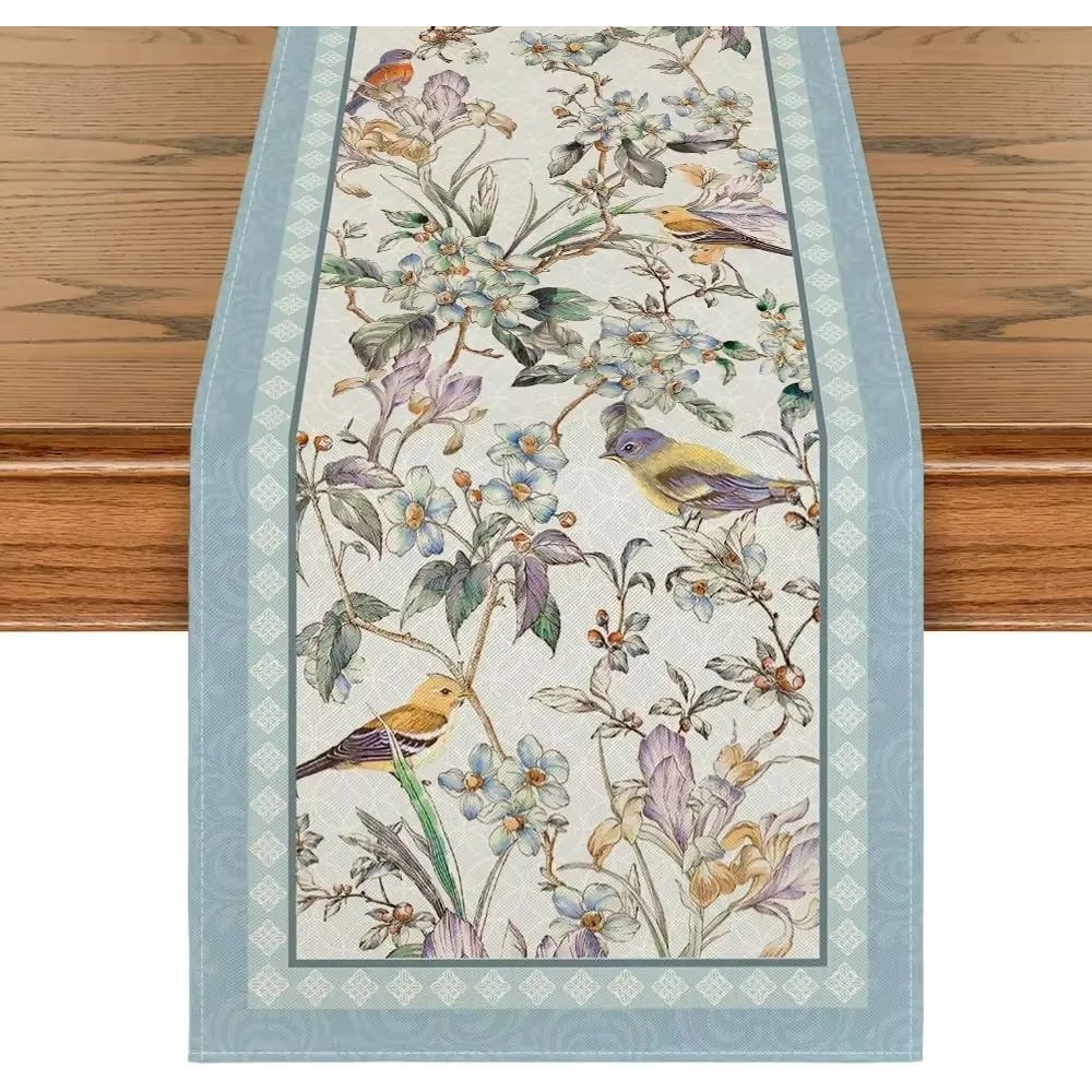 Blue Birds Floral Linen Table Runner Blossom Pattern Dining And Wedding Decor 6