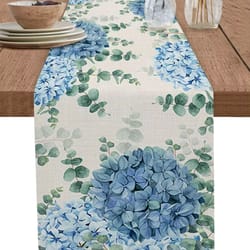 blue hydrangea eucalyptus linen table runner farmhouse floral dining decor