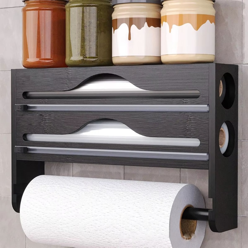 Bamboo Wall Mounted Cling Film And Foil Dispenser With Cutter And Paper Towel Holder 3