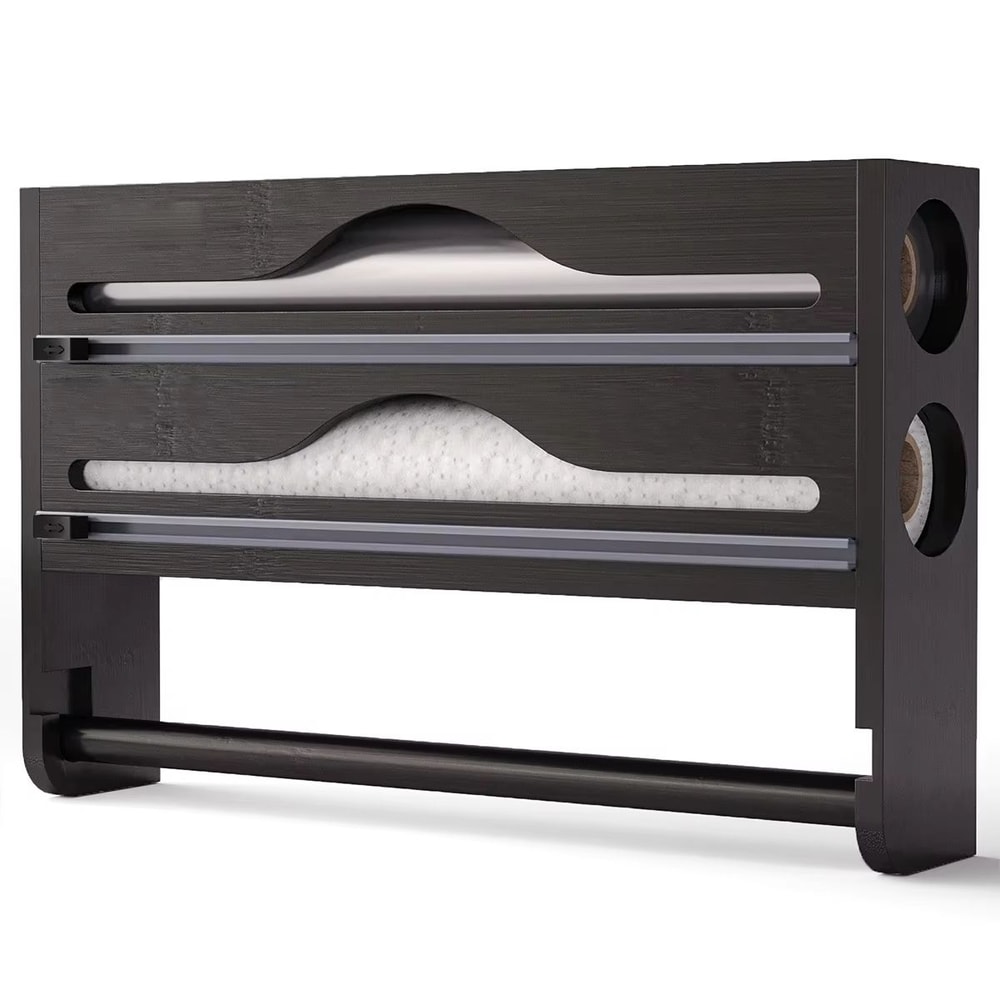 Bamboo Wall Mounted Cling Film And Foil Dispenser With Cutter And Paper Towel Holder 4