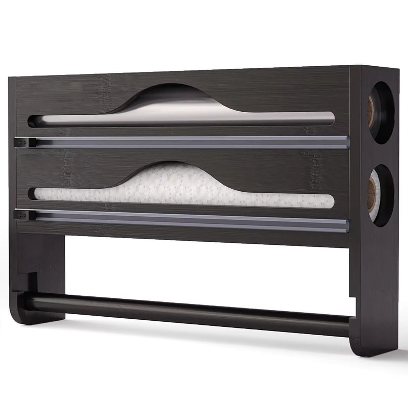 Bamboo Wall Mounted Cling Film And Foil Dispenser With Cutter And Paper Towel Holder 4