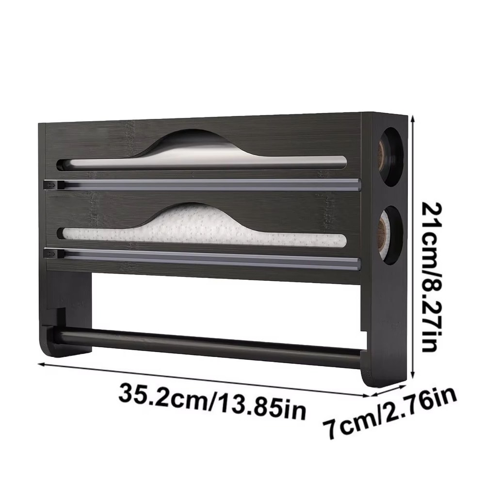 Bamboo Wall Mounted Cling Film And Foil Dispenser With Cutter And Paper Towel Holder 7