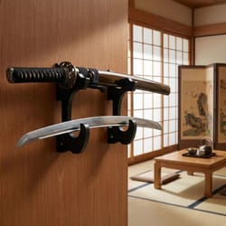 wooden wall mounted sword and gun display rack for katana and rifle storage