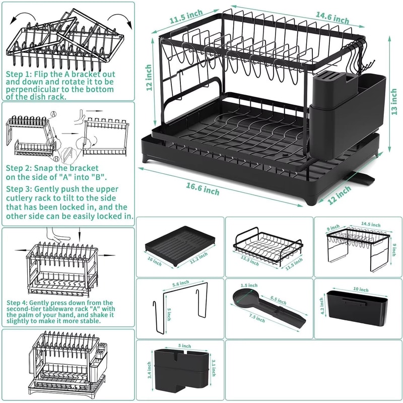 2 Tier Stainless Steel Dish Drying Rack With Drip Tray Countertop Organizer 5