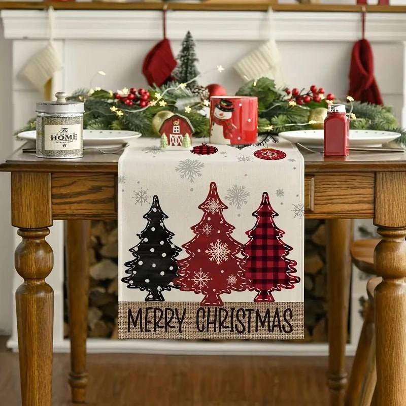 Retro Plaid Christmas Tree Table Runner Cozy Holiday Dining Decor 2