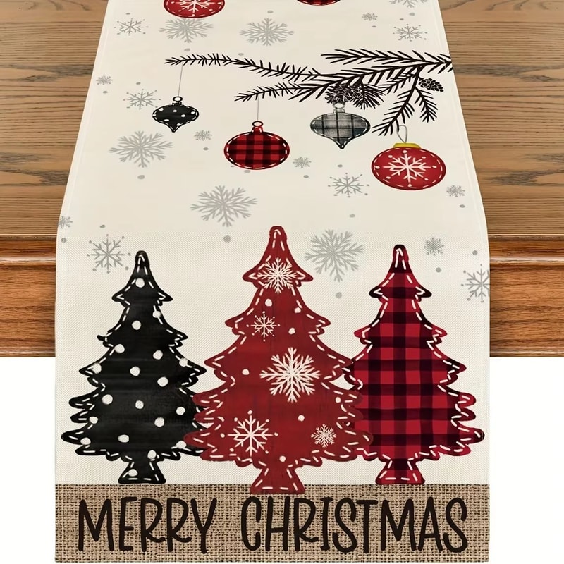Retro Plaid Christmas Tree Table Runner Cozy Holiday Dining Decor 8