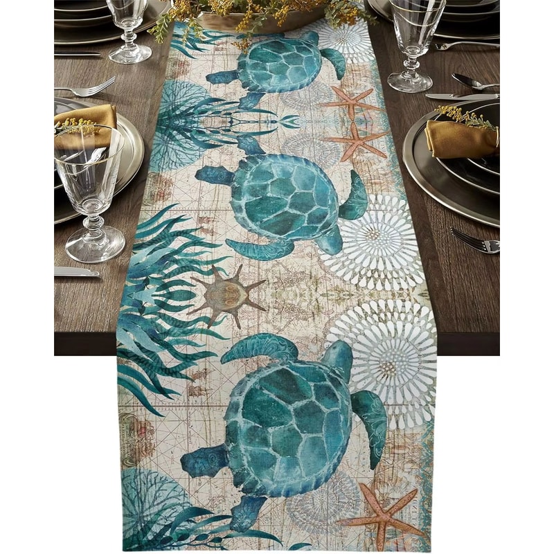 Coastal Sea Turtle Linen Table Runner With Starfish Design For Farmhouse Kitchen Decor 0