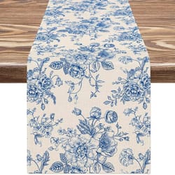elegant chinoiserie blue floral linen table runner for dining and home decor