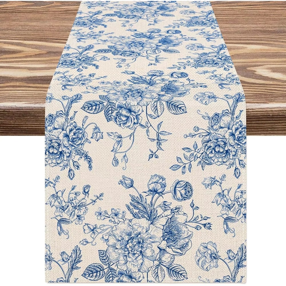 Elegant Chinoiserie Blue Floral Linen Table Runner For Dining And Home Decor 7