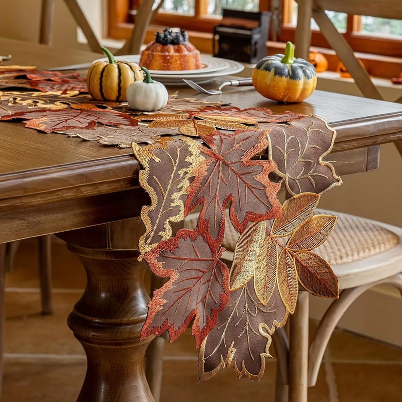 1pc Autumn Maple Leaf Embroidered Table Runner Flocked Brown Maple Design Rustic Farmhouse Thanksgi 0