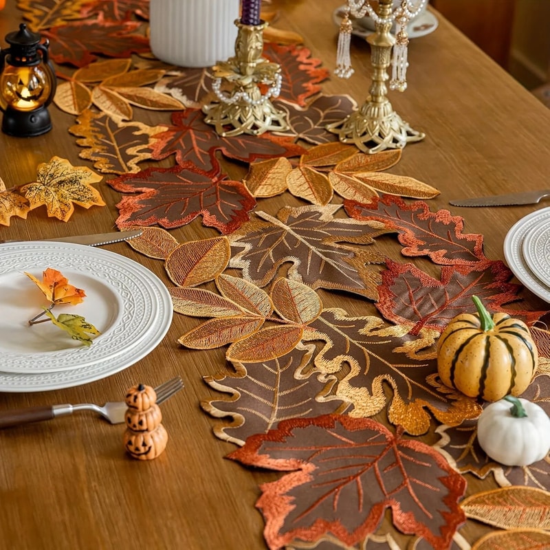 1pc Autumn Maple Leaf Embroidered Table Runner Flocked Brown Maple Design Rustic Farmhouse Thanksgi 1