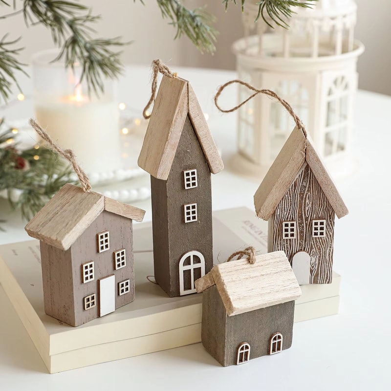 Rustic Wooden Christmas House Pendant Cozy Mini Cabin Tree Ornament 0