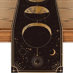 mystical moon phase linen table runner with astrology celestial design