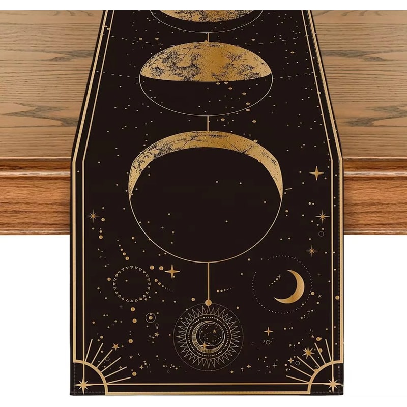 Mystical Moon Phase Linen Table Runner With Astrology Celestial Design 0