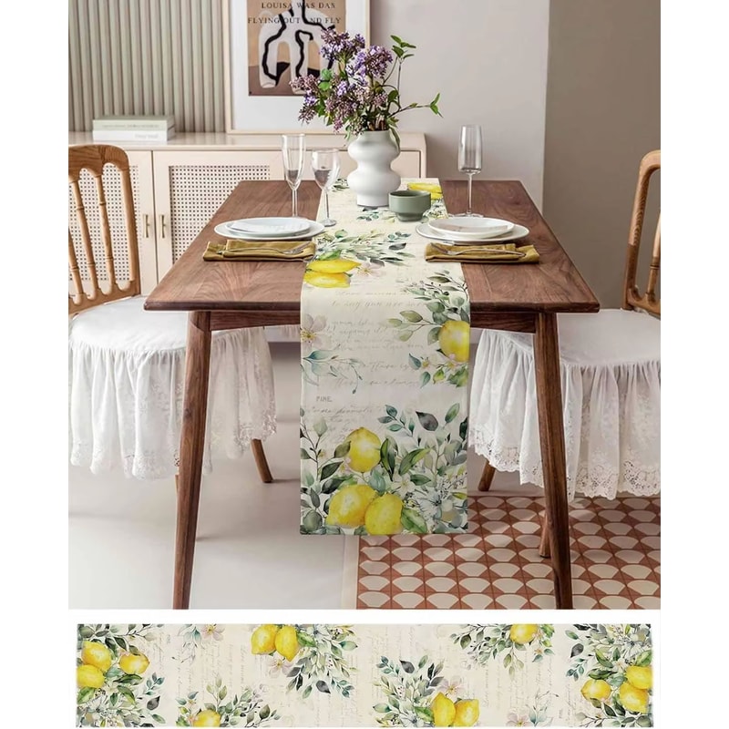 Eucalyptus Lemon Floral Linen Table Runner For Dining Table Decor 1