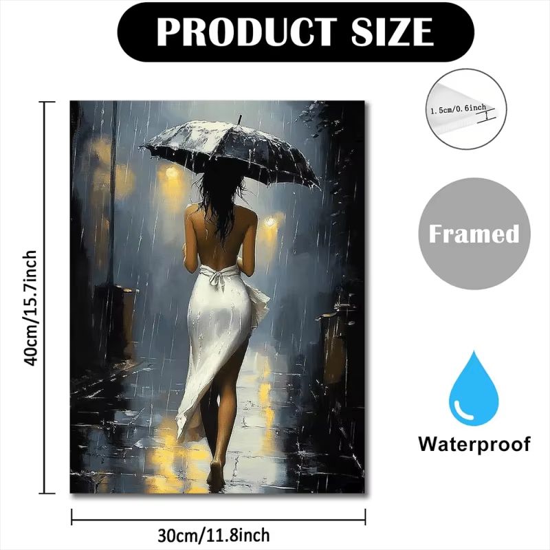 Romantic Rainy Night Canvas Wall Art Framed Elegant Umbrella Street Scene 2