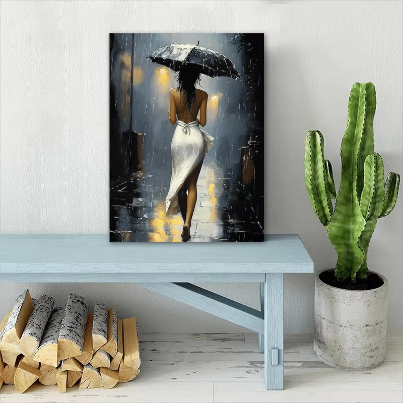 Romantic Rainy Night Canvas Wall Art Framed Elegant Umbrella Street Scene 3
