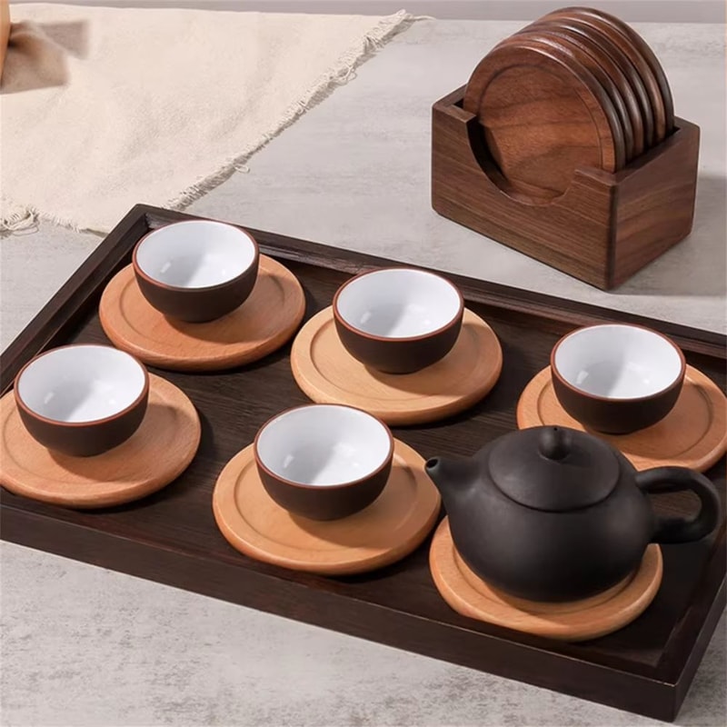 Walnut Wood Coaster Set 6Piece Japanese Style Insulated Round Drink Mats 3