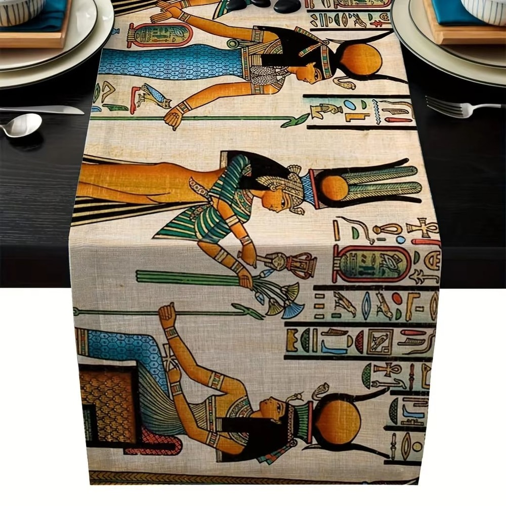 Ancient Egyptian Hieroglyph Linen Table Runner For Vintage Ethnic Home Decor 0