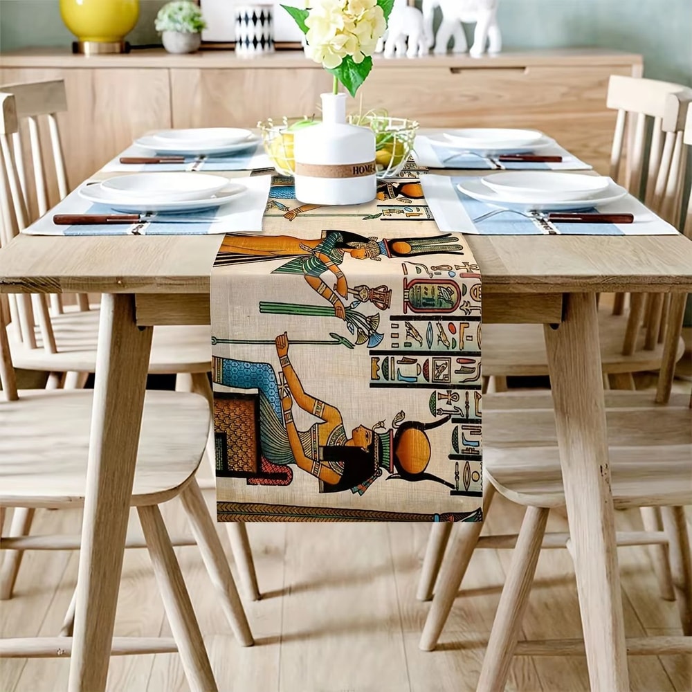 Ancient Egyptian Hieroglyph Linen Table Runner For Vintage Ethnic Home Decor 2