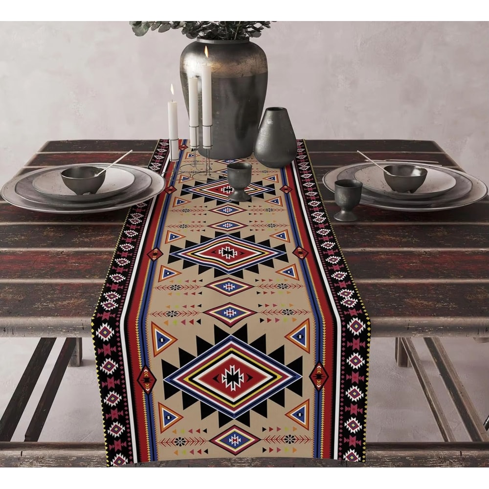Aztec Boho Linen Table Runner Geometric Tribal Dining Table Decor 10