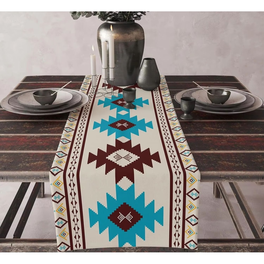 Aztec Boho Linen Table Runner Geometric Tribal Dining Table Decor 7